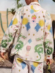 Printed Button Up Shirt and Pants Set OutfitFlow