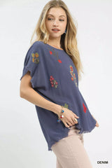 Umgee Linen Blend Embroidered Frayed Hem Top OutfitFlow