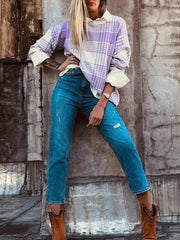 Plaid Round Neck Long Sleeve Sweater OutfitFlow