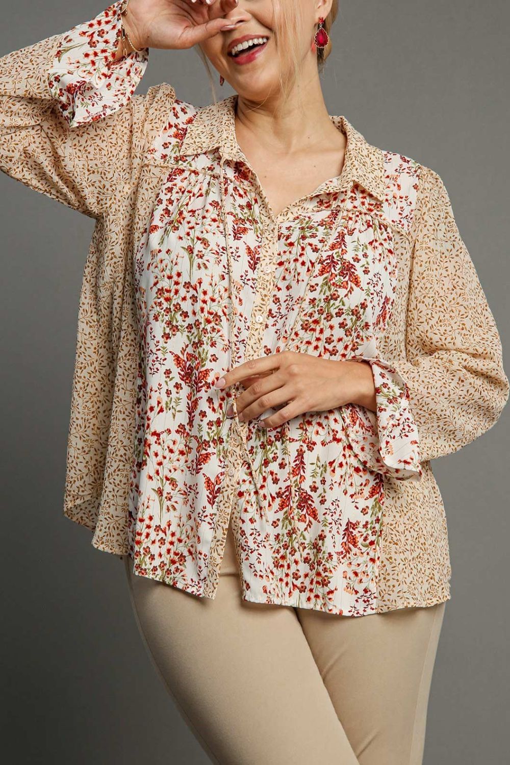 Umgee Full Size Mixed Print Metallic Detail Long Ruffle Sleeve Button Down Shirt Plus Size OutfitFlow