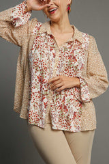Umgee Full Size Mixed Print Metallic Detail Long Ruffle Sleeve Button Down Shirt Plus Size OutfitFlow