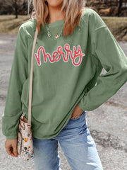 Merry Letter Christmas Sequined Twisted Ribbed Sweatshirt Sage OutfitFlow
