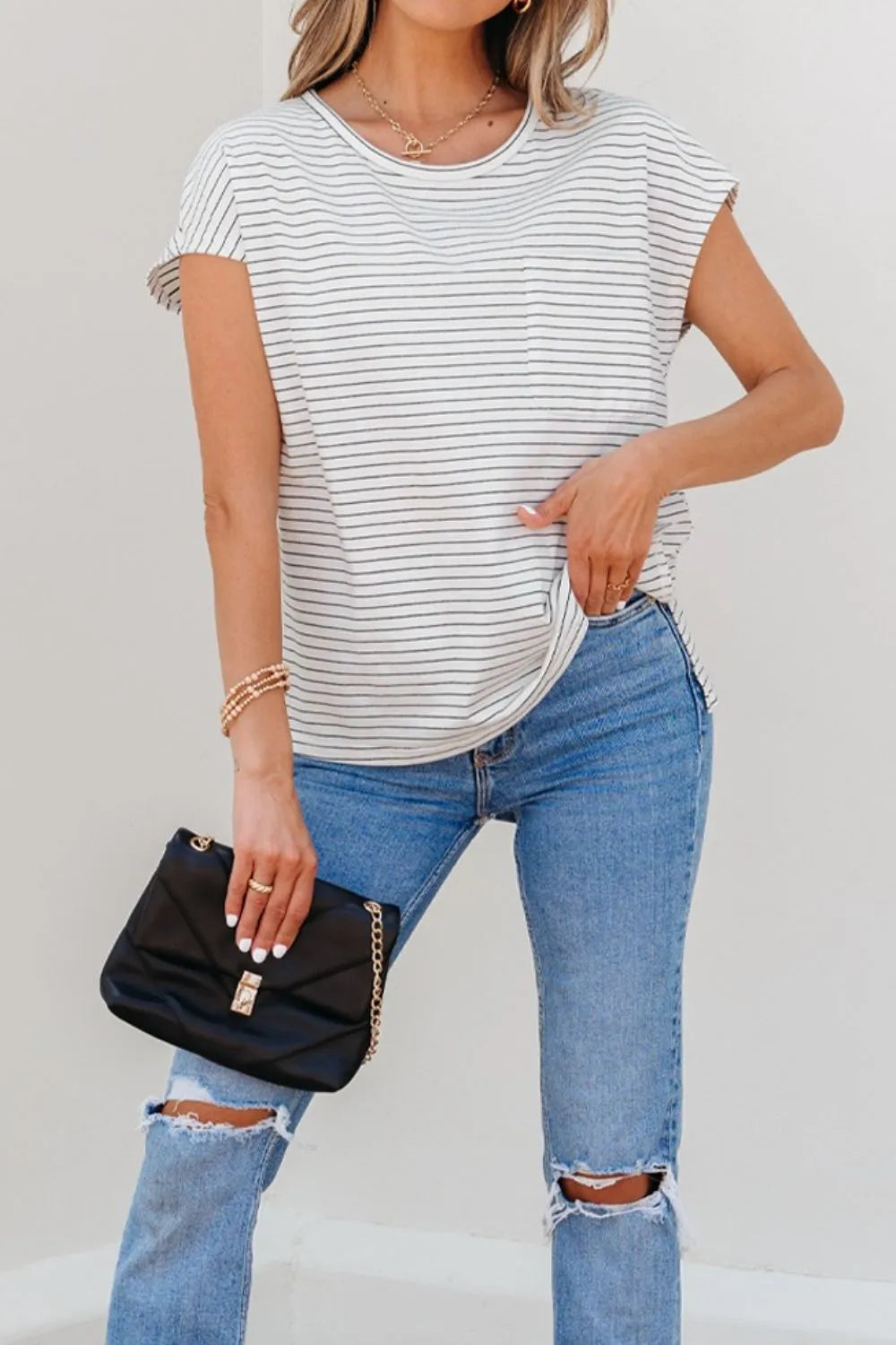Stripe Cap Sleeve Crew Neck Casual Tee with Chest Pocket OutfitFlow
