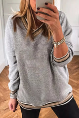 Casual V-Neck Striped Trim Pullover OutfitFlow