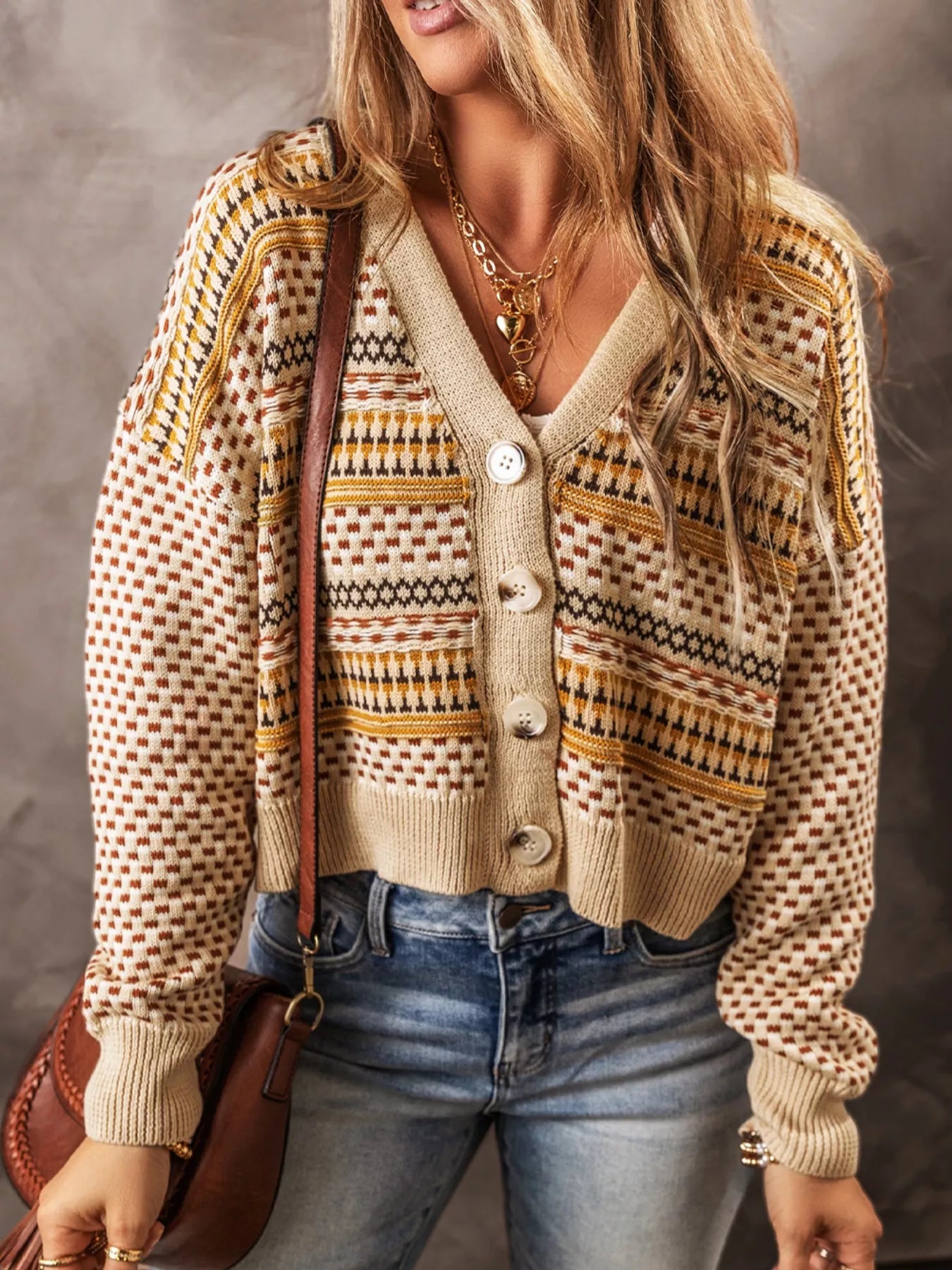 Vintage Patterned Button-Down Cardigan Trendsi
