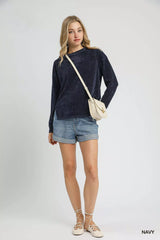 Umgee Round Neck Long Sleeve Side Slit Top OutfitFlow