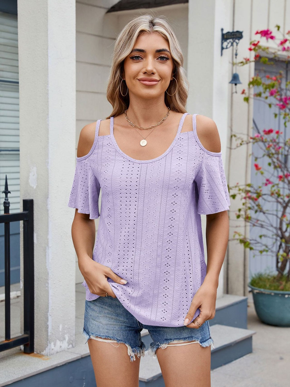 Florira Round Neck Cold Shoulder Eyelet T-Shirt Lavender OutfitFlow