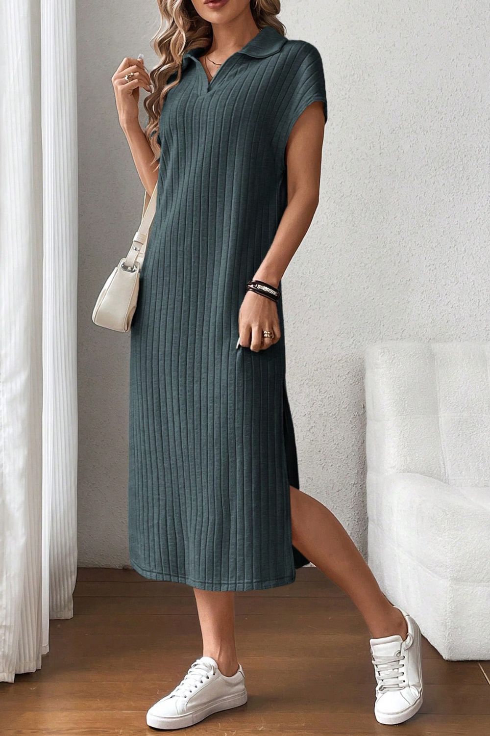 Side Slit Johnny Collar Short Sleeve Midi Dress