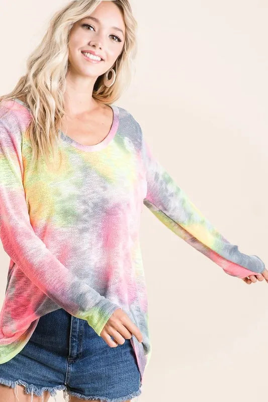 BiBi Tie Dye Print Low Gauge Knit Top OutfitFlow