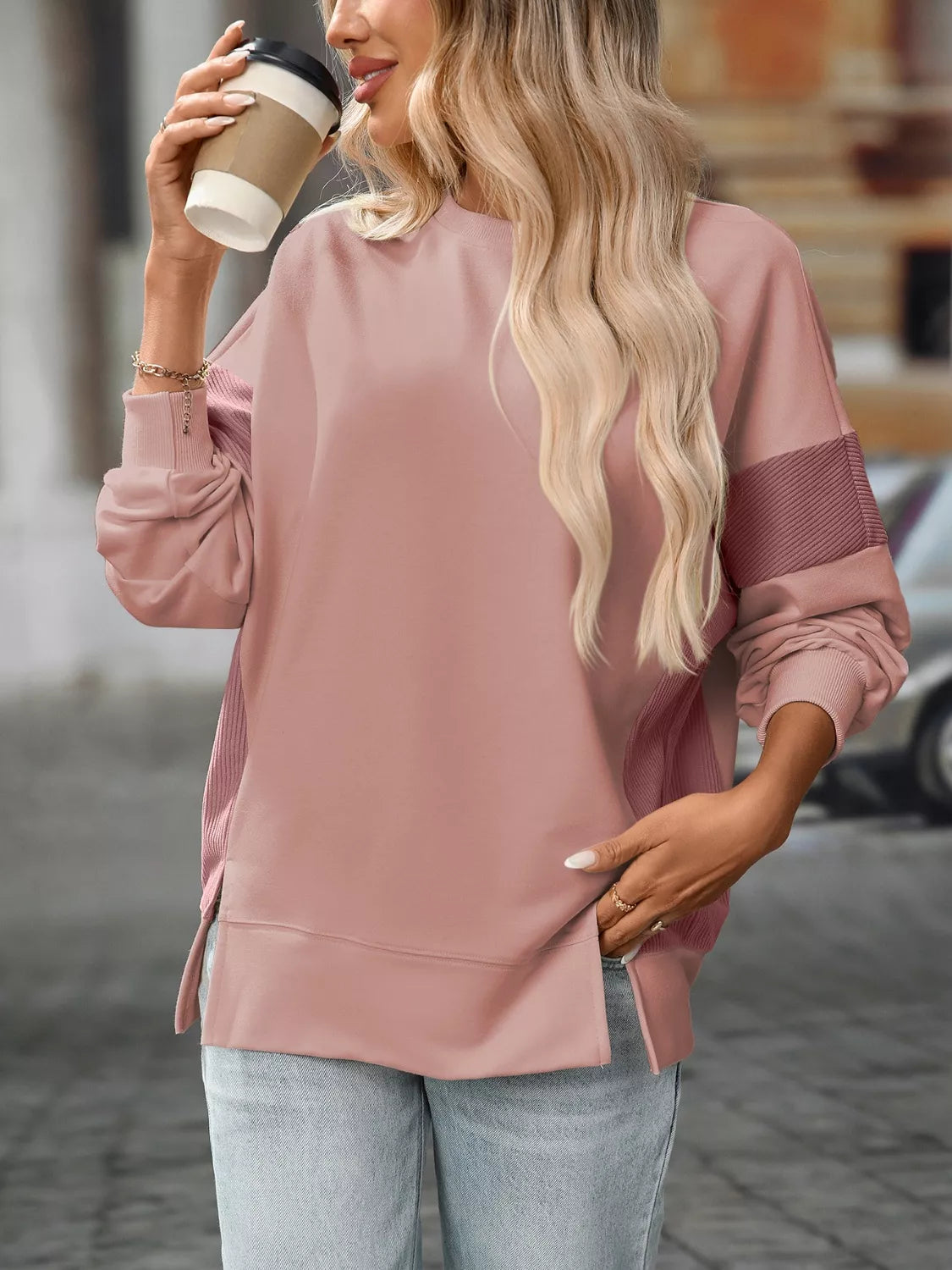 Side Slit Round Neck Sweatshirt OutfitFlow