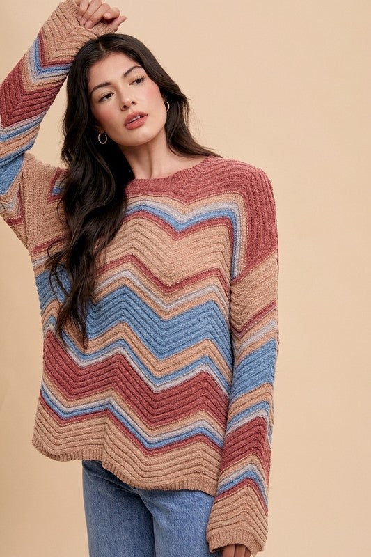 Annie Wear Multi Color Zig-Zag Round Neck Sweater