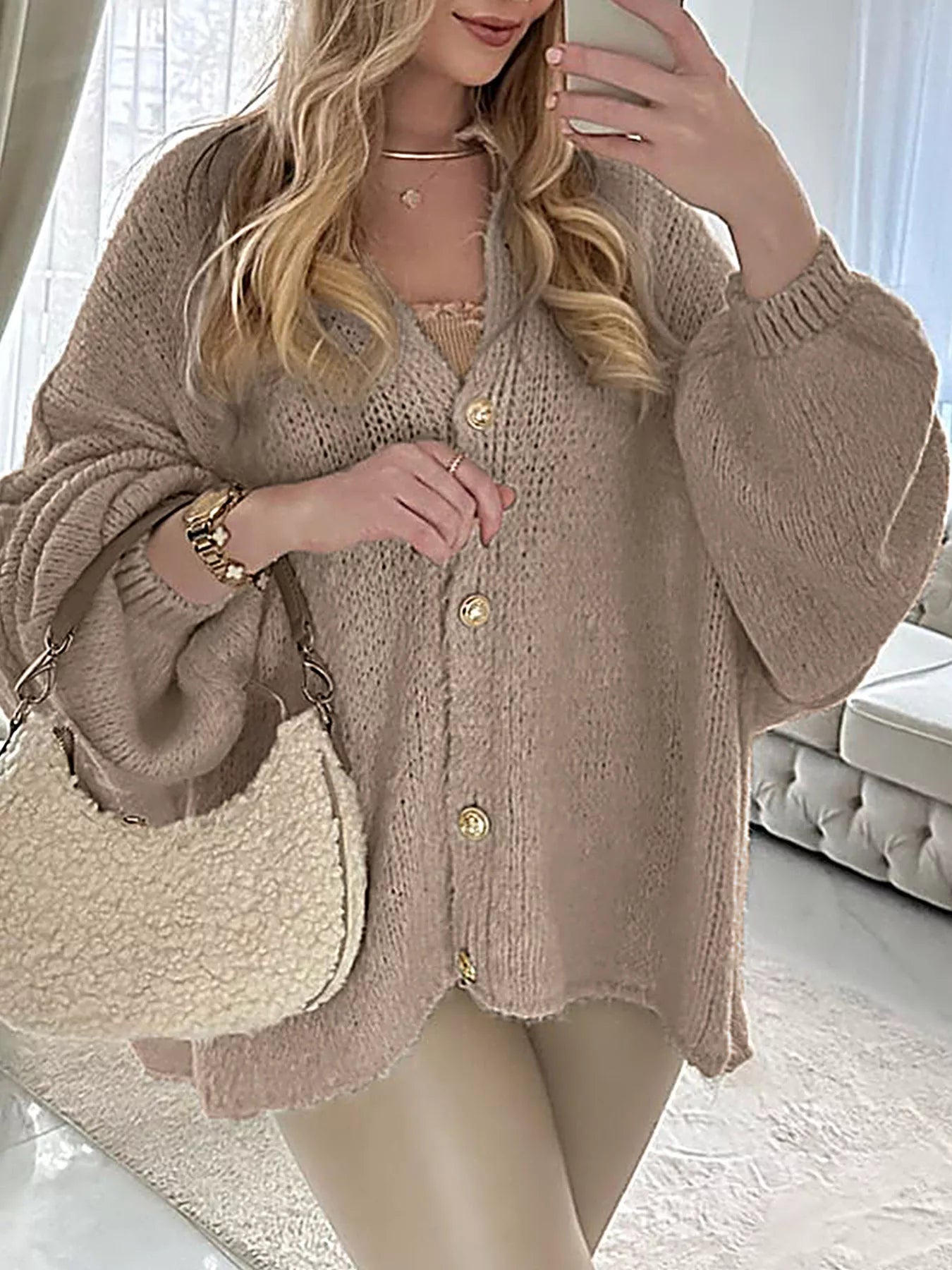 Oversized Knit Button Up Cardigan Khaki OutfitFlow