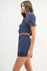 MABLE Crochet Lace Detail Crop Top and Shorts Set OutfitFlow