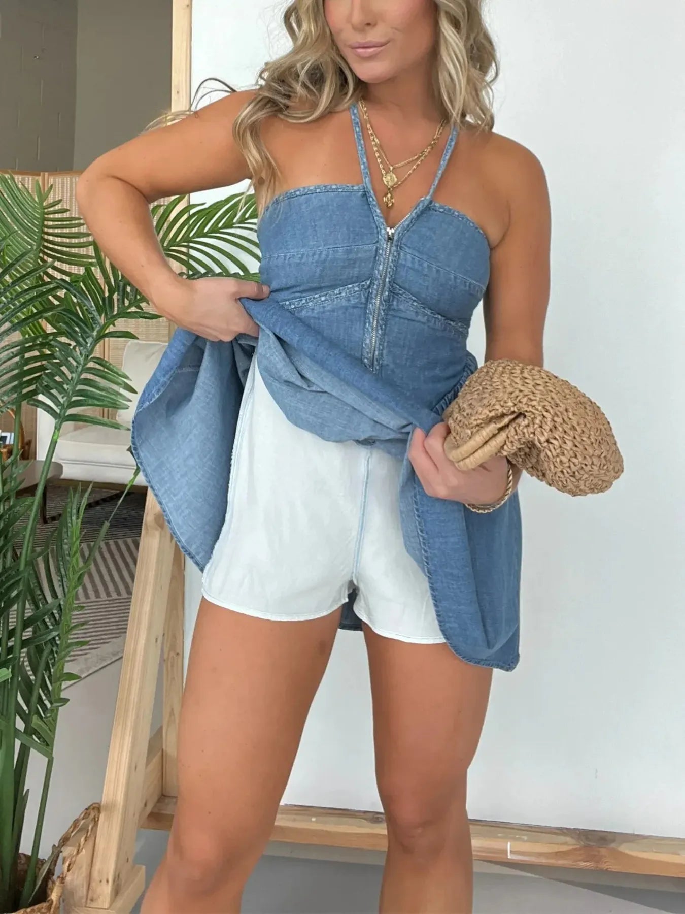 Full Size Lace Up Halter Neck Denim Dress Plus Size OutfitFlow