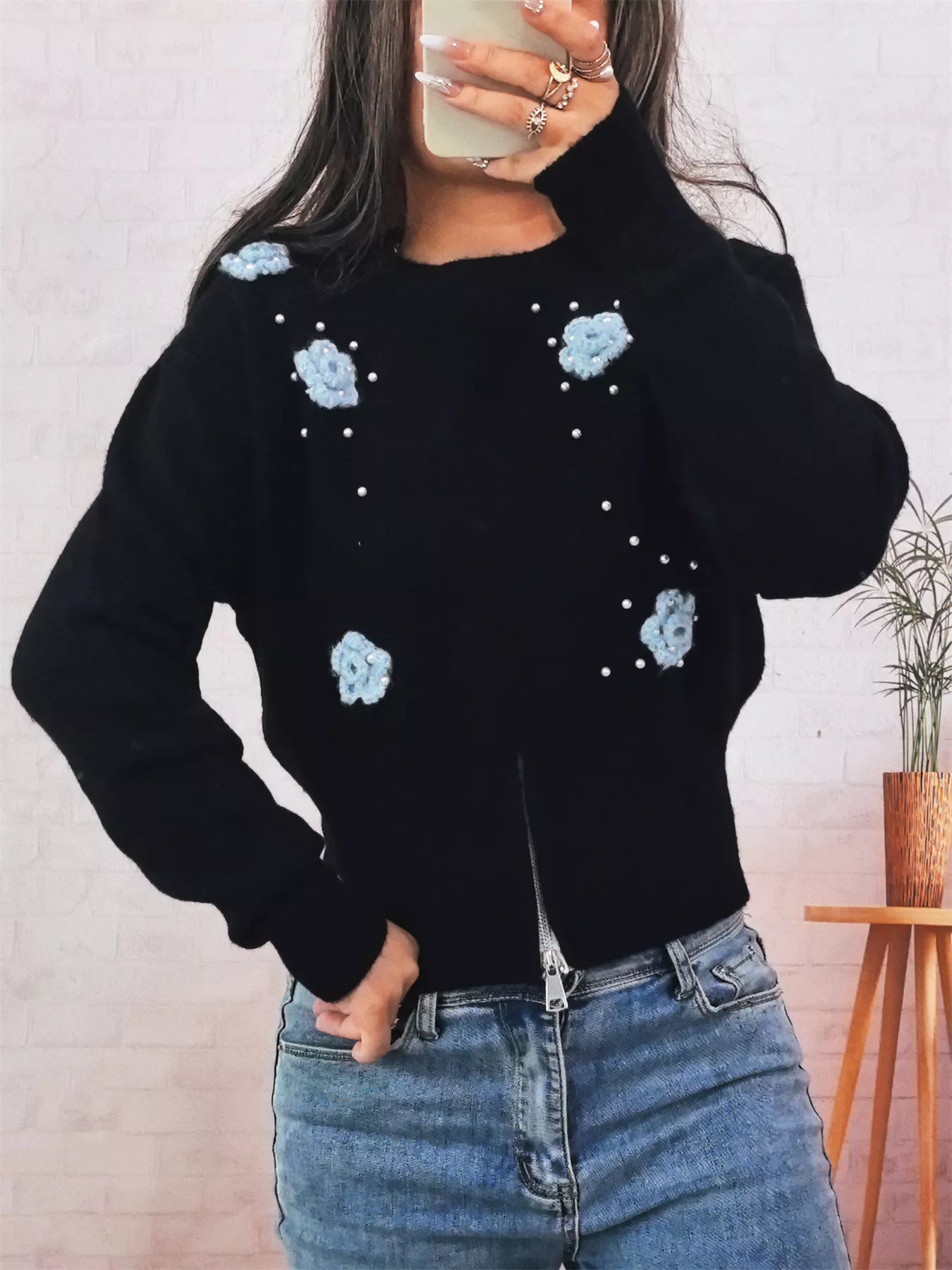 Flower Pearl Detail Ribbed Hem Sweater Black One Size OutfitFlow