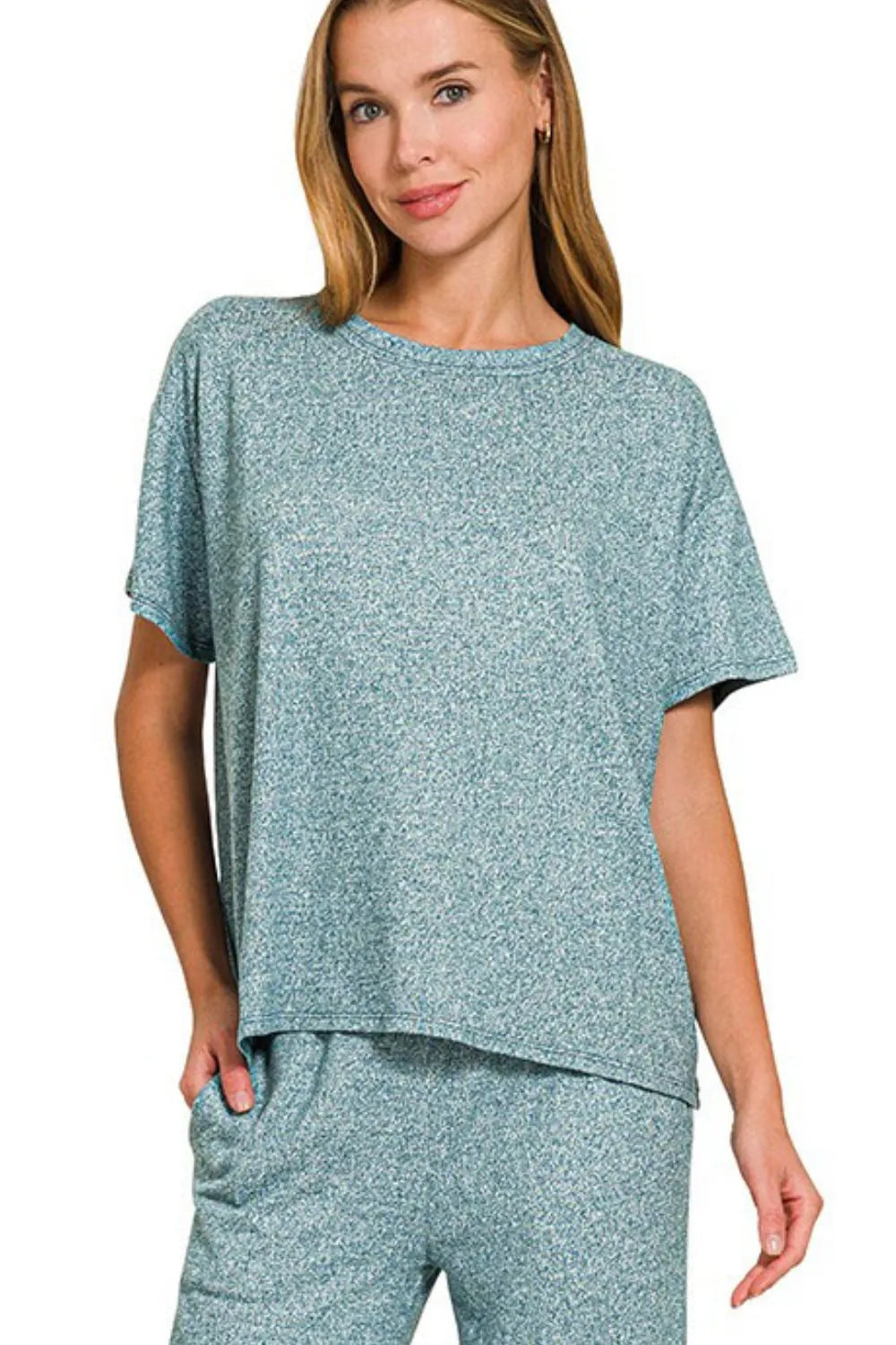Zenana Soft Melange Short Sleeve Tee & Long Pants Set OutfitFlow
