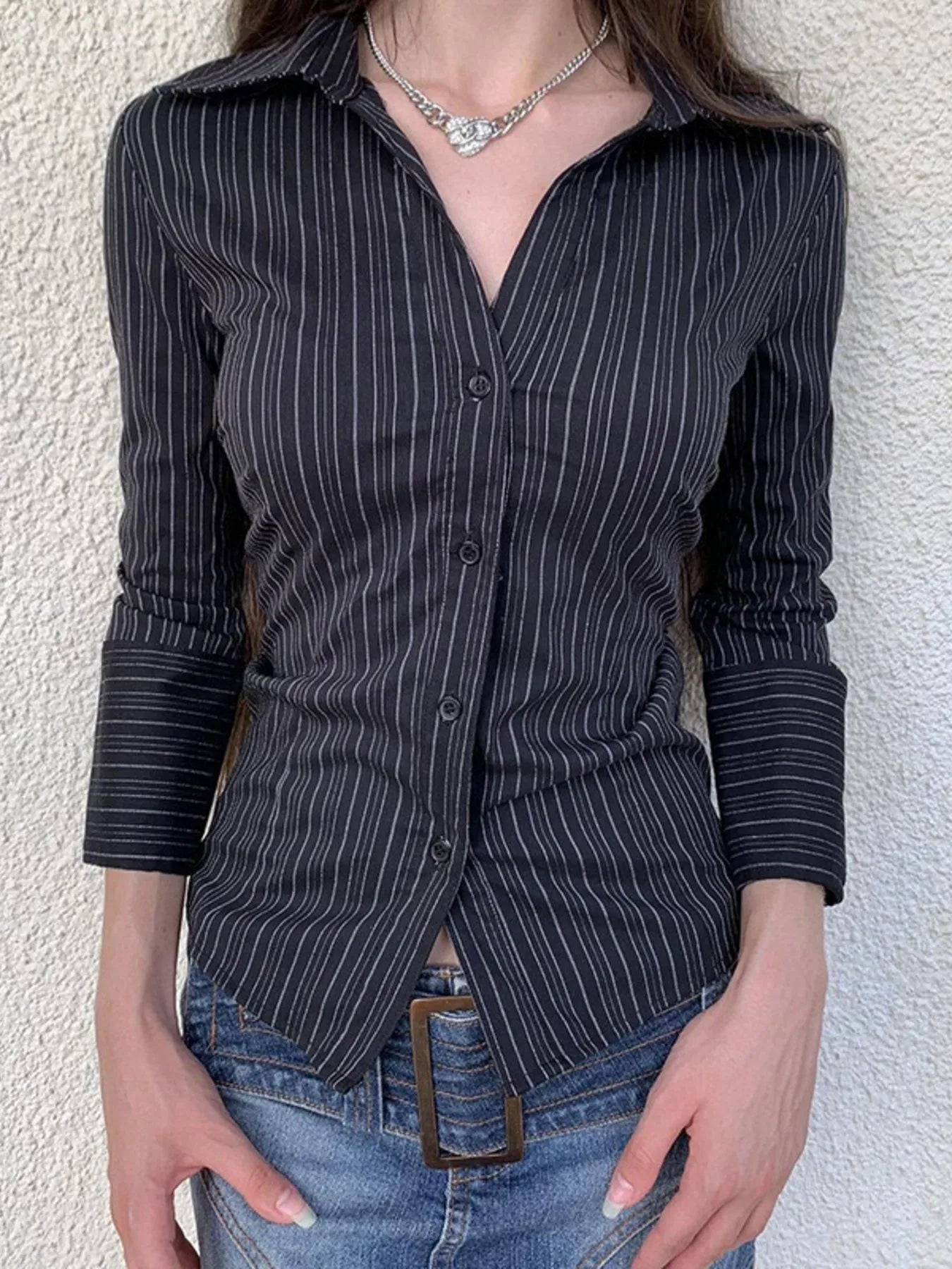 Striped Button-Down Collared Neck Shirt Black Long Sleeves OutfitFlow