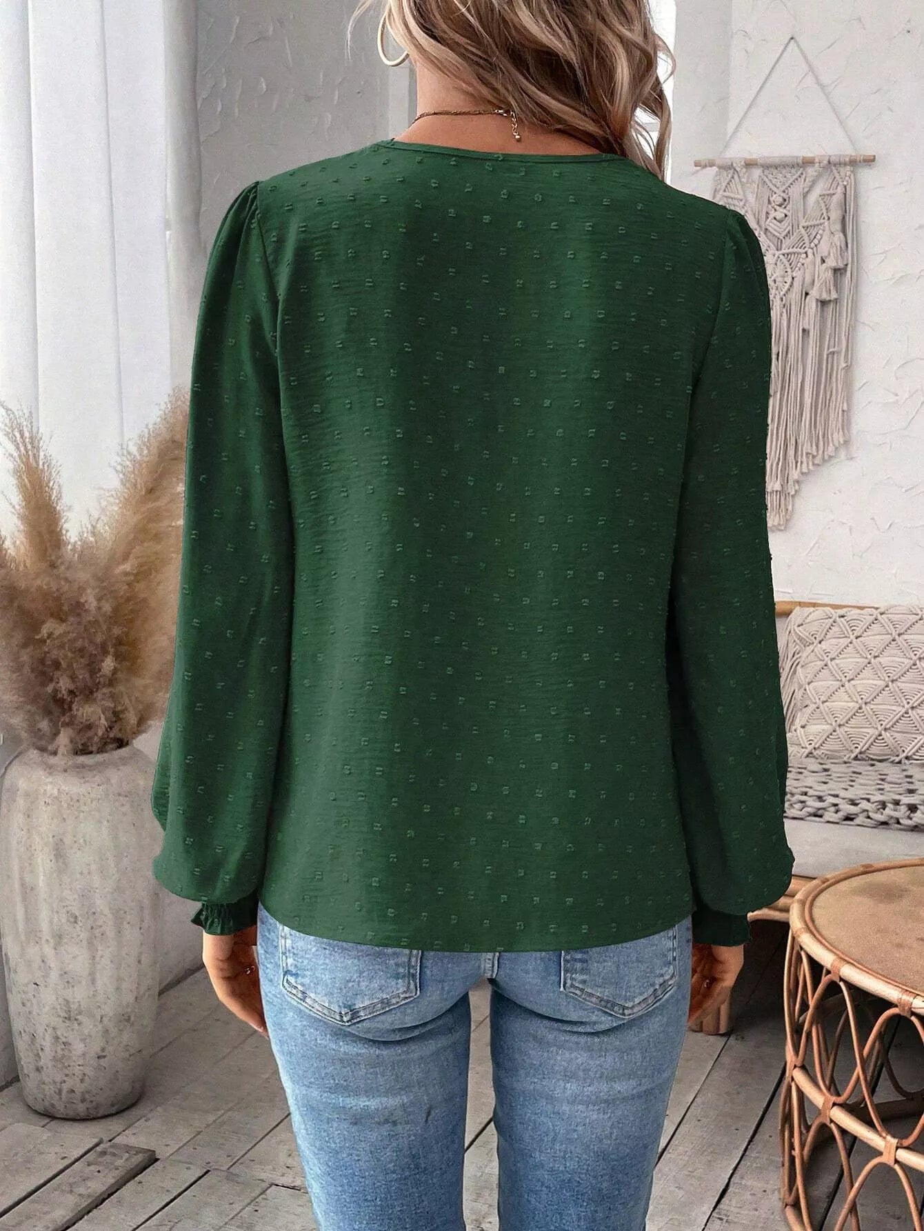 Swiss Dot Lace Detail Long Sleeve Blouse OutfitFlow