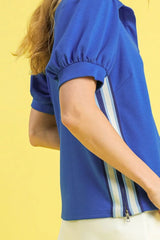 Umgee Side Zip Striped Puff Sleeve Polo OutfitFlow