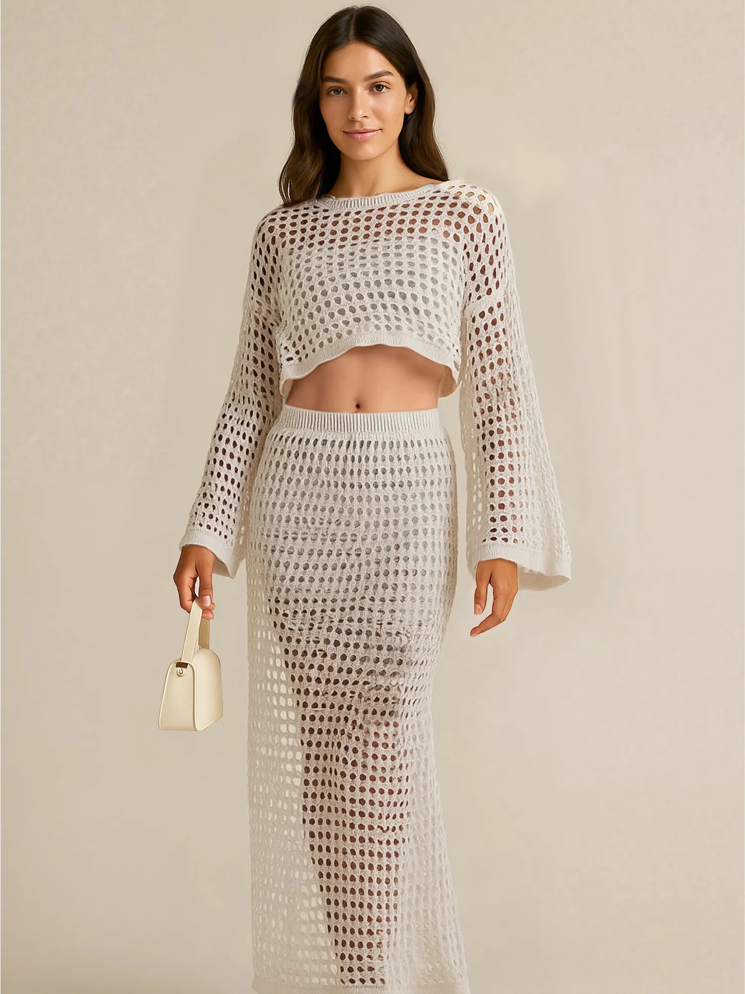Hollow Out Long Sleeve Top and Skirt Knit Set Apricot OutfitFlow