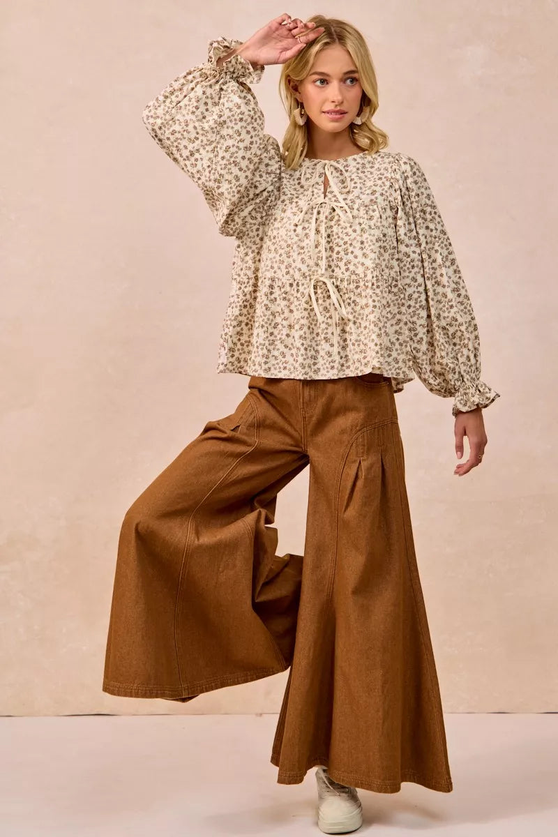 BiBi Floral Printed Peplum Blouse with Shirring and Tied OutfitFlow