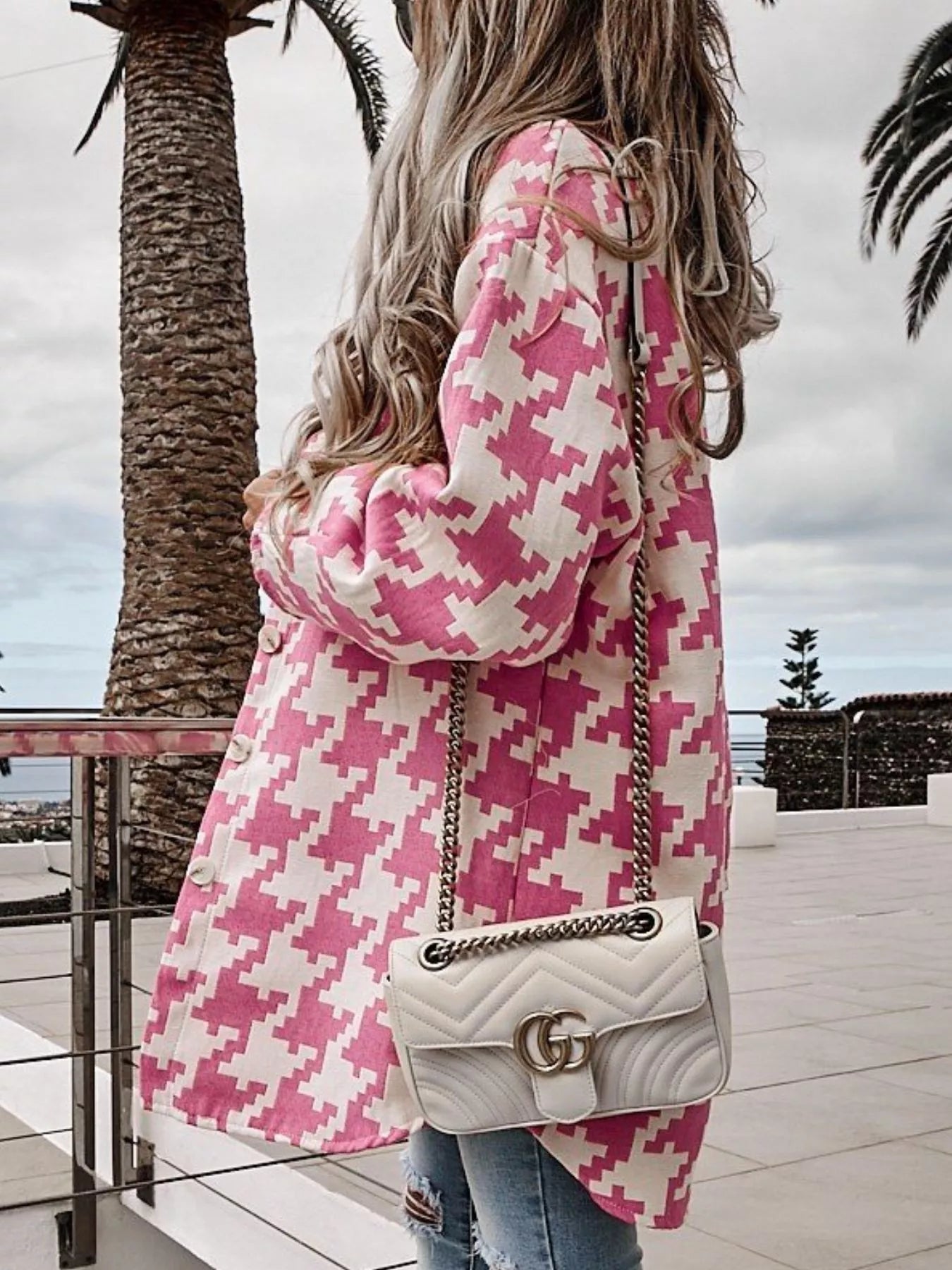 Houndstooth Button Up Long Sleeve Outerwear OutfitFlow