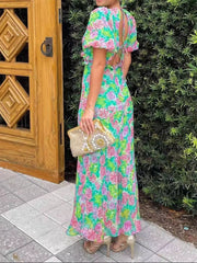 Floral Print V-Neck Puff Sleeve Midi Dress OutfitFlow