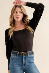 And The Why Textured Puff Sleeve Bodysuit Black OutfitFlow