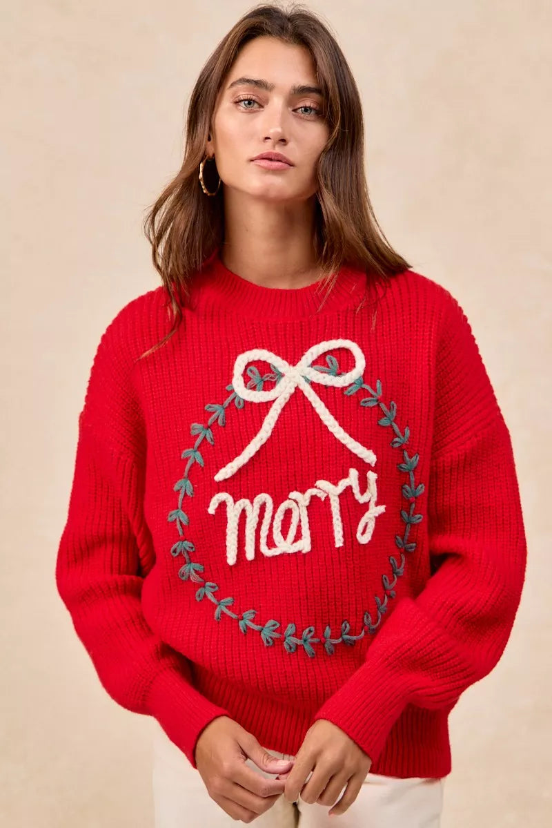 BiBi Christmas Wreath Merry Letter Knit Top OutfitFlow