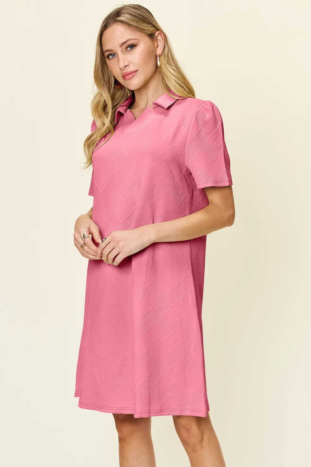 Double Take Full Size Texture Collared Neck Short Sleeve Dress OutfitFlow