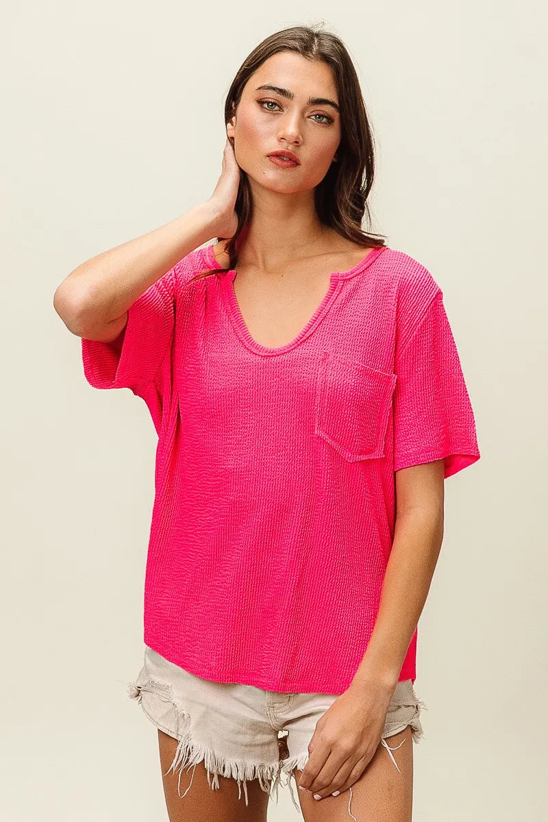 BiBi Waved Rib U Neck Top With Front Pocket OutfitFlow