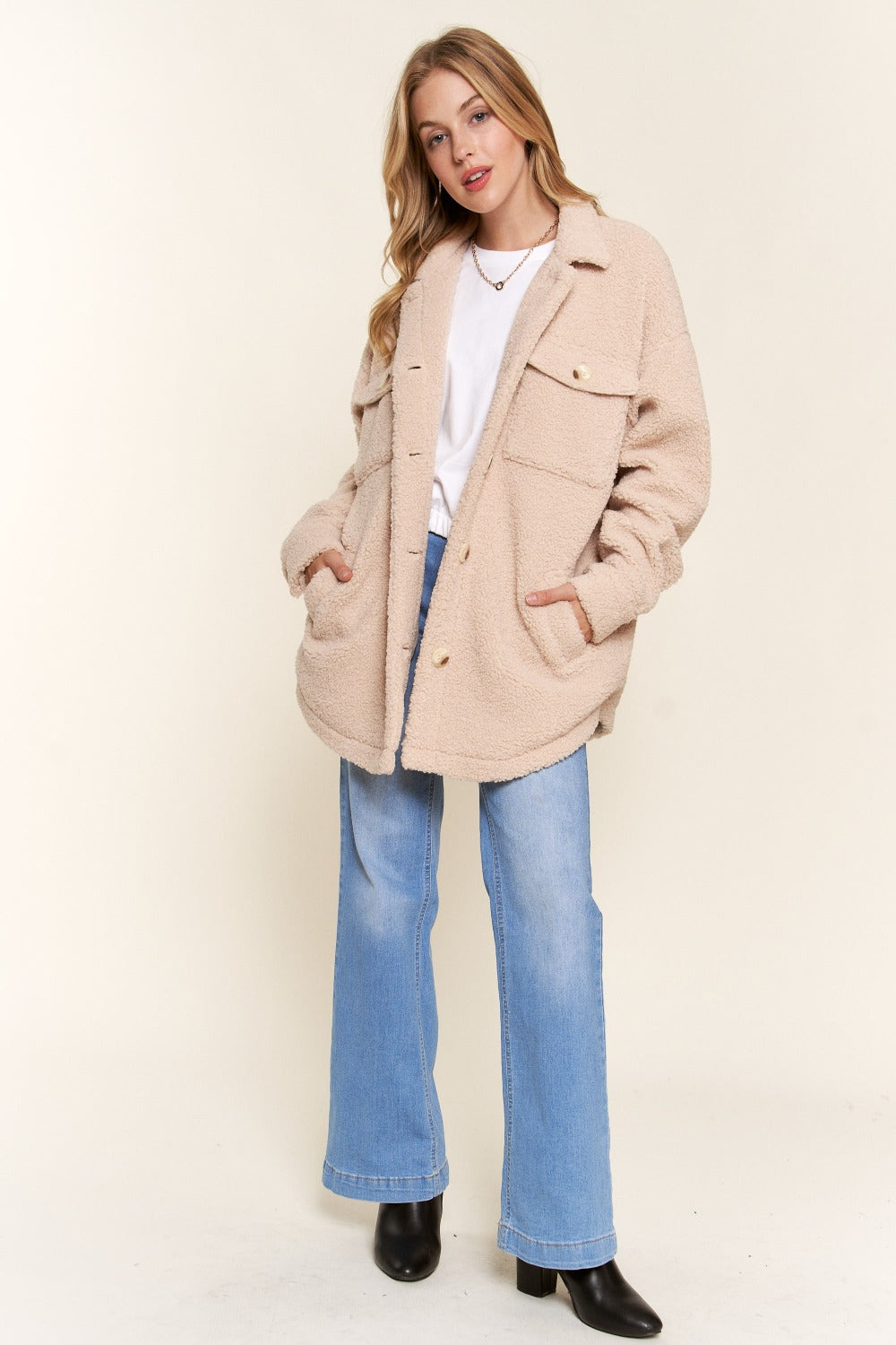 And The Why Teddy Sherpa Button Down Curved Hem Jacket