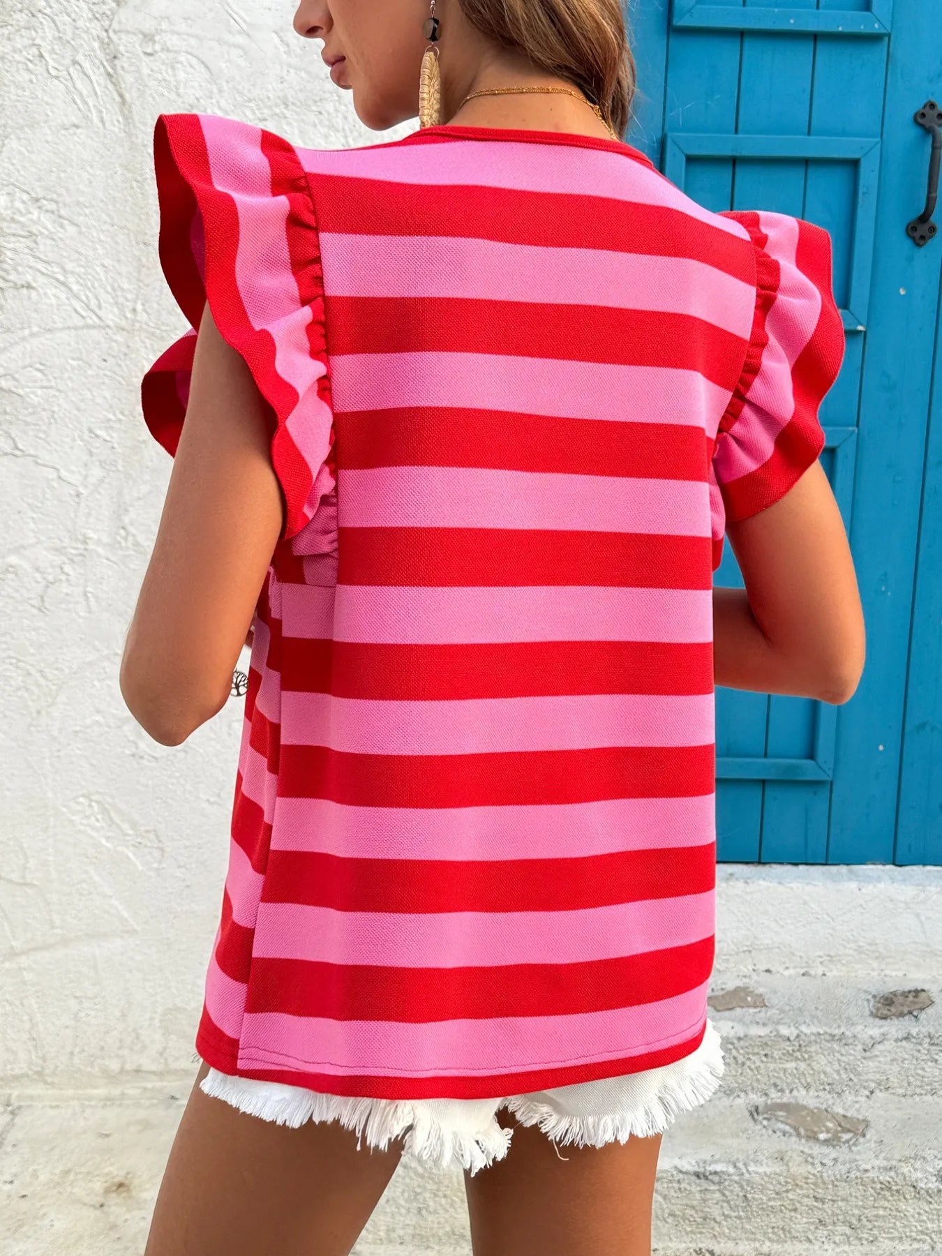 Contrast Striped Ruffle Sleeve T-Shirt OutfitFlow