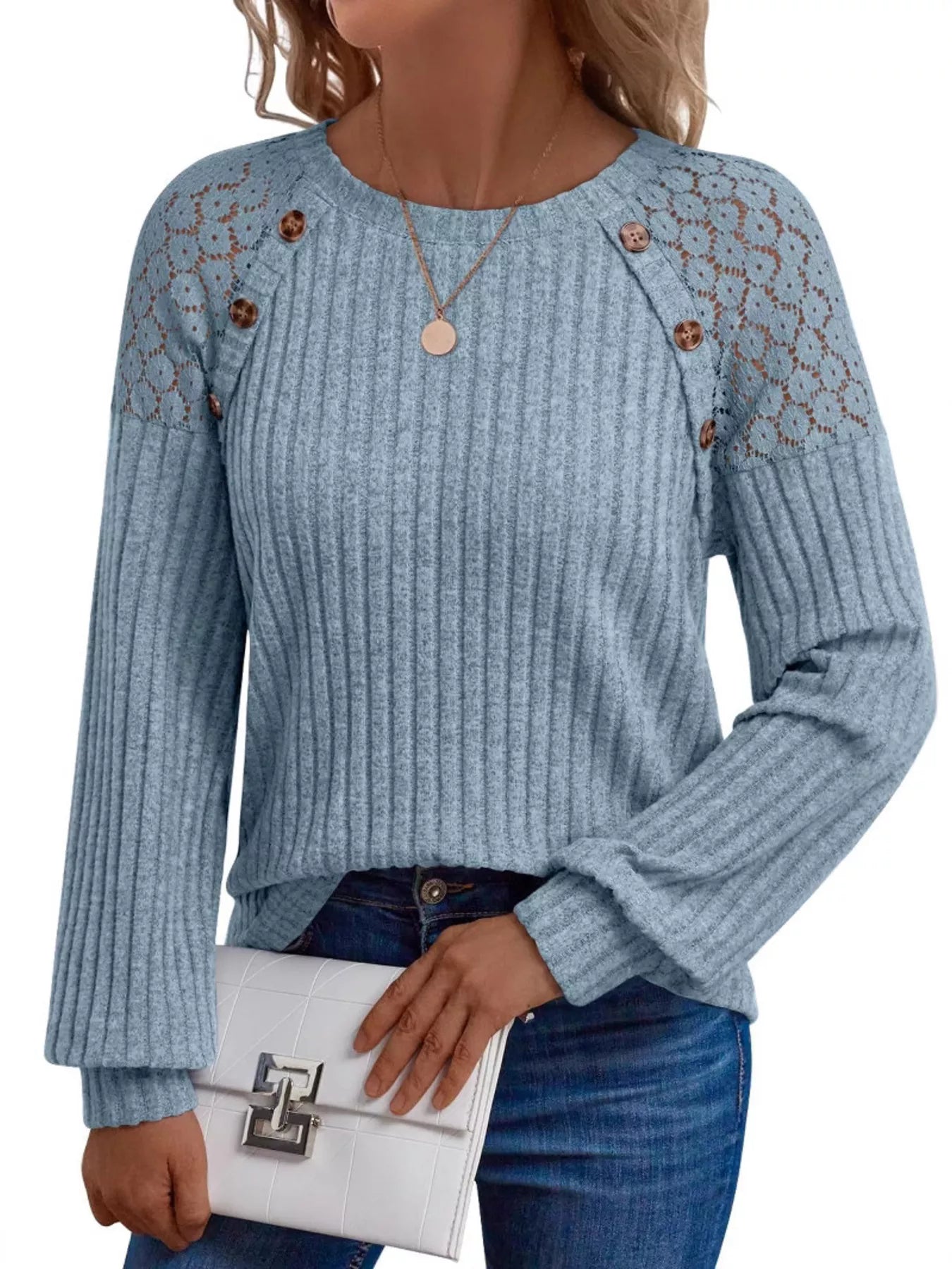 Ribbed Knit T-Shirt with Lace Shoulder Detail OutfitFlow