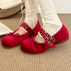 Round Toe Flats Slip-Ons Red OutfitFlow