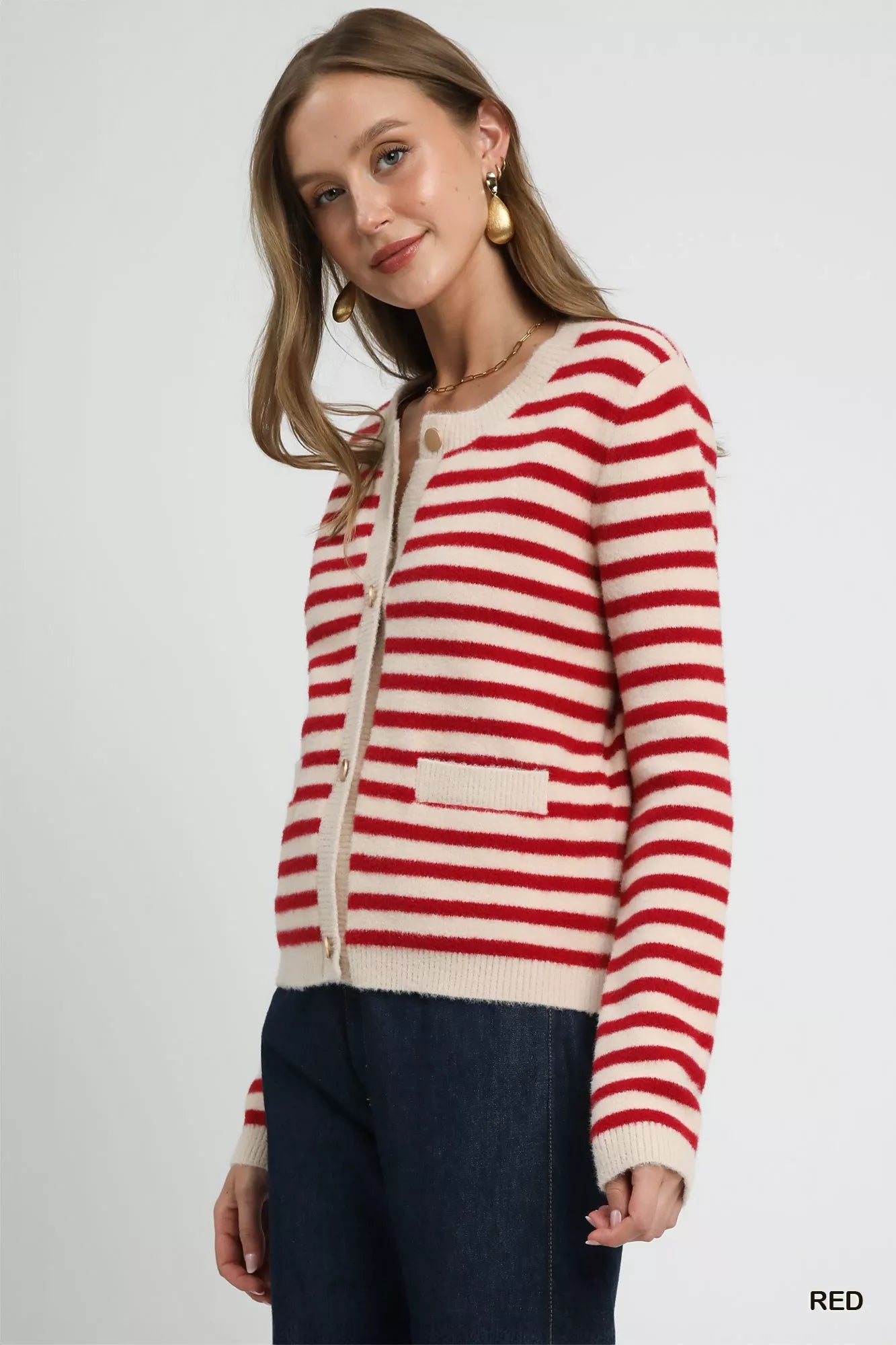 Umgee Striped Knit Button-Up Cardigan OutfitFlow