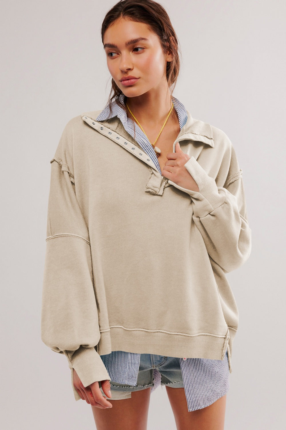 Outfit Flow - Exposed Seam Side Slit Long Sleeve Sweatshirt