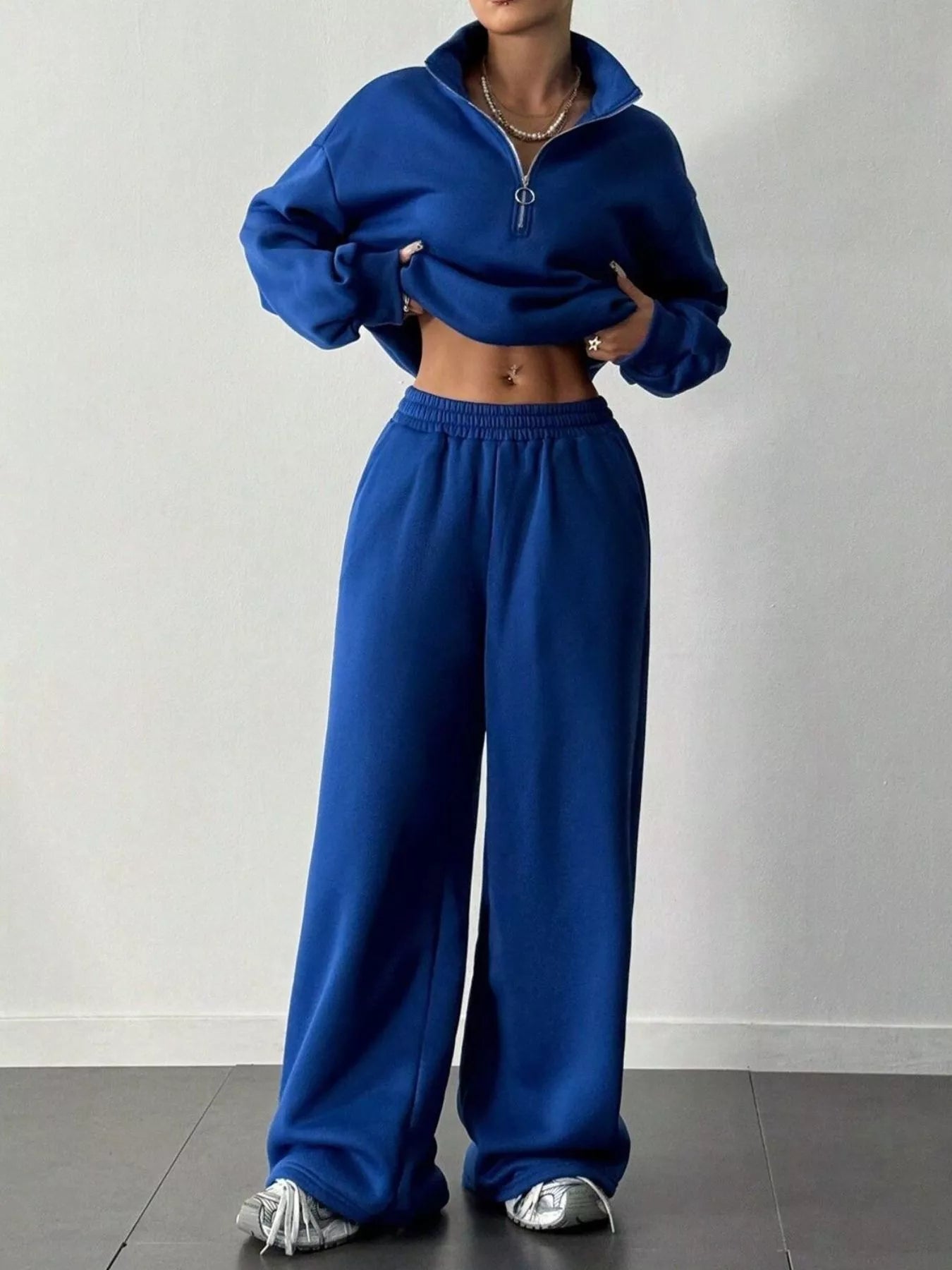 Half-Zip Long Sleeve Sweatshirt and Pants Set Blue OutfitFlow