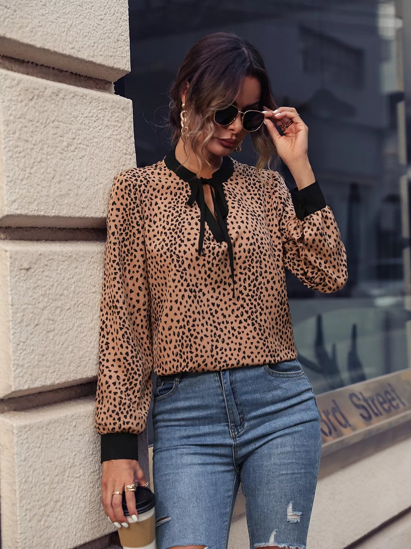 Animal Print Contrast Trim Tie Front Blouse OutfitFlow