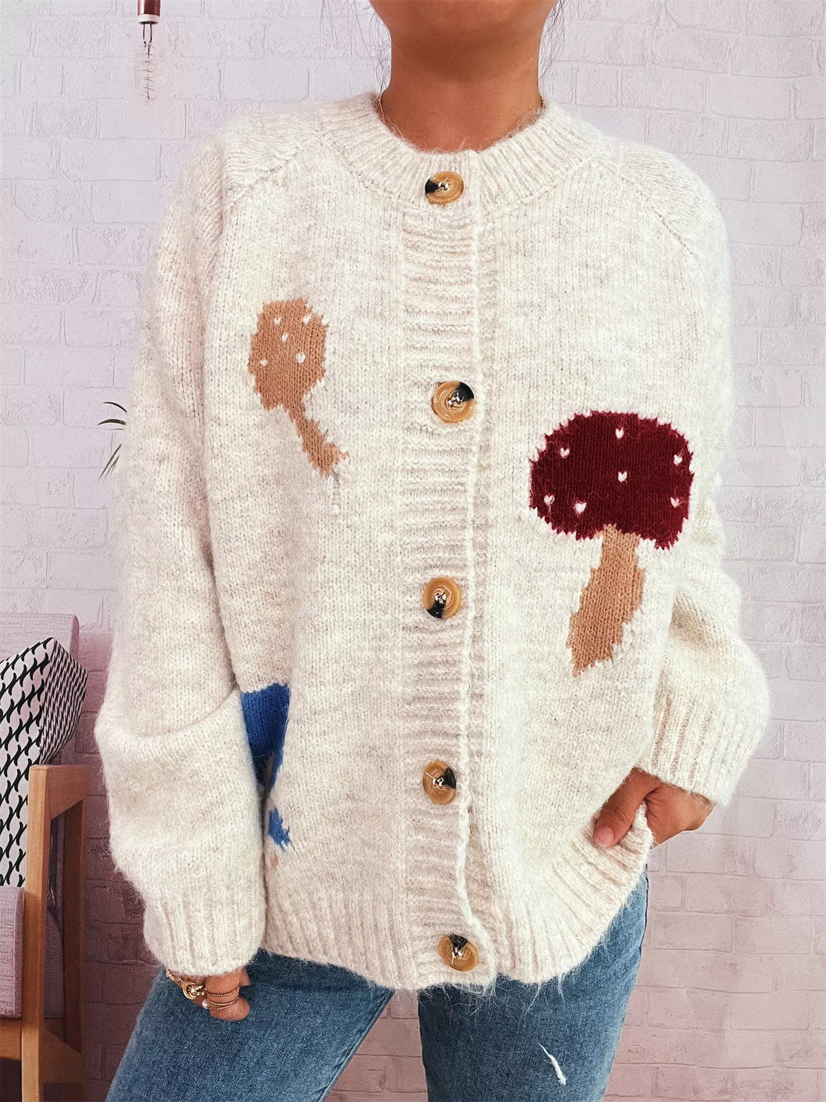 Mushroom Pattern Button-Up Cozy Knit Cardigan Apricot One Size OutfitFlow