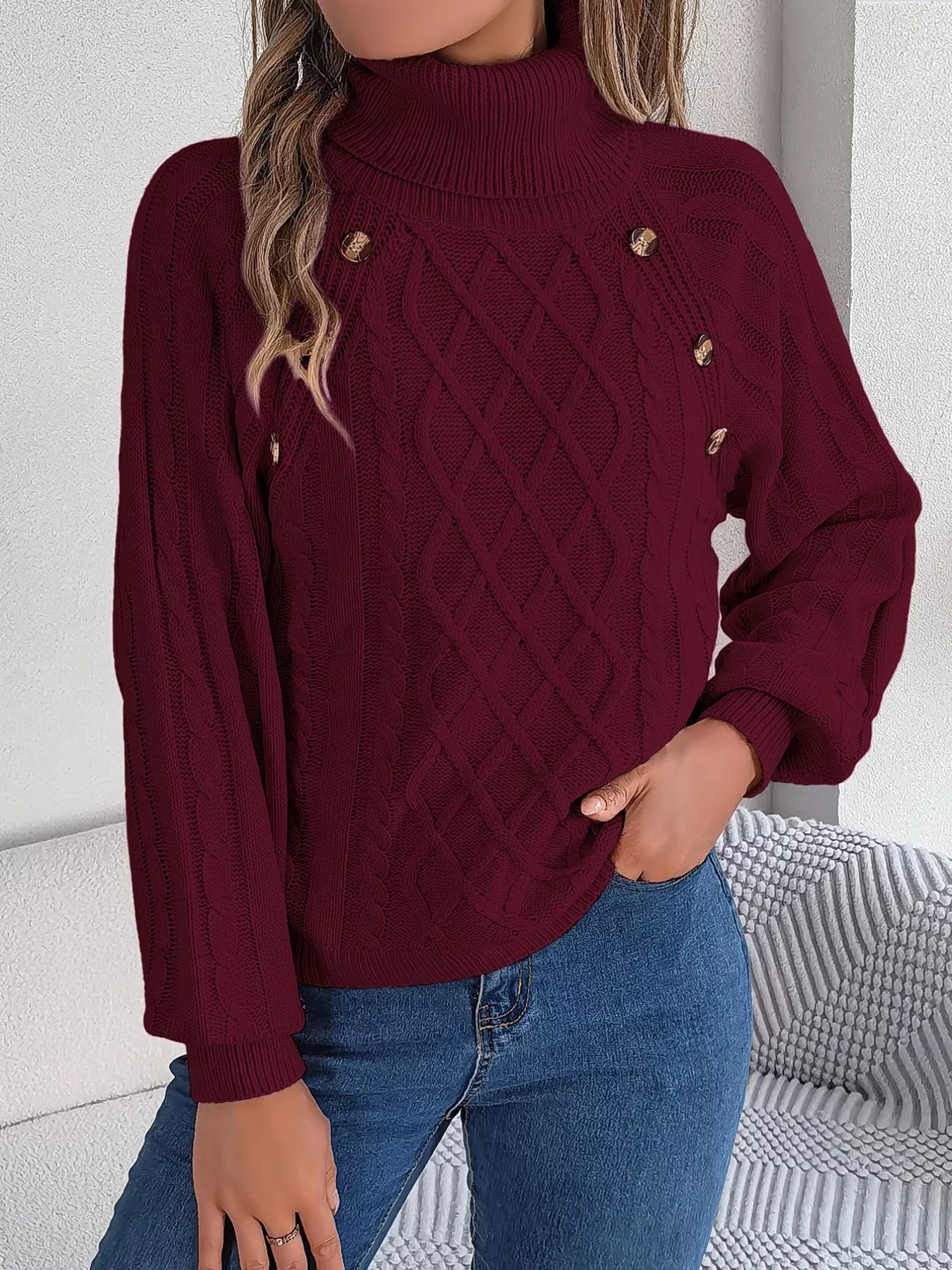 Cable Knit Turtleneck Long Sleeve Sweater Wine Red OutfitFlow