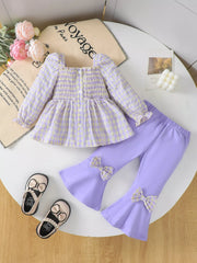 Children's Gingham Smocked Top and Bow Pants Set Lavender OutfitFlow