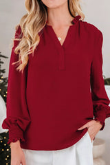 Notched Neck Shirred Cuff Long Sleeve Blouse OutfitFlow