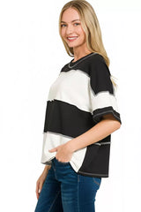 Zenana French Terry Color Block Exposed Seam Top OutfitFlow