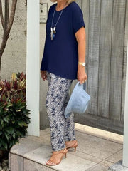 Full Size Round Neck Short Sleeve Top and Pants Set Plus Size OutfitFlow