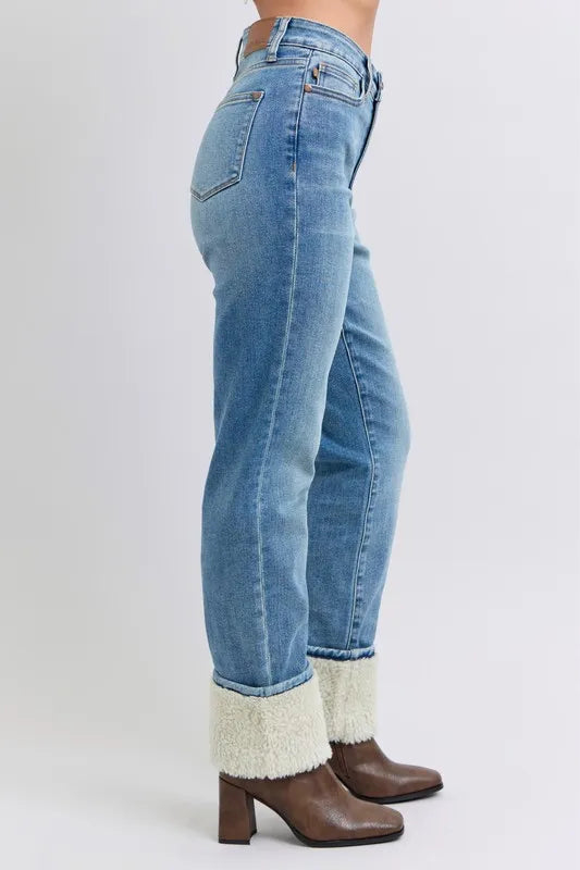 Judy Blue Full Size High Waist Shearling Cuff Straight Plus Size OutfitFlow