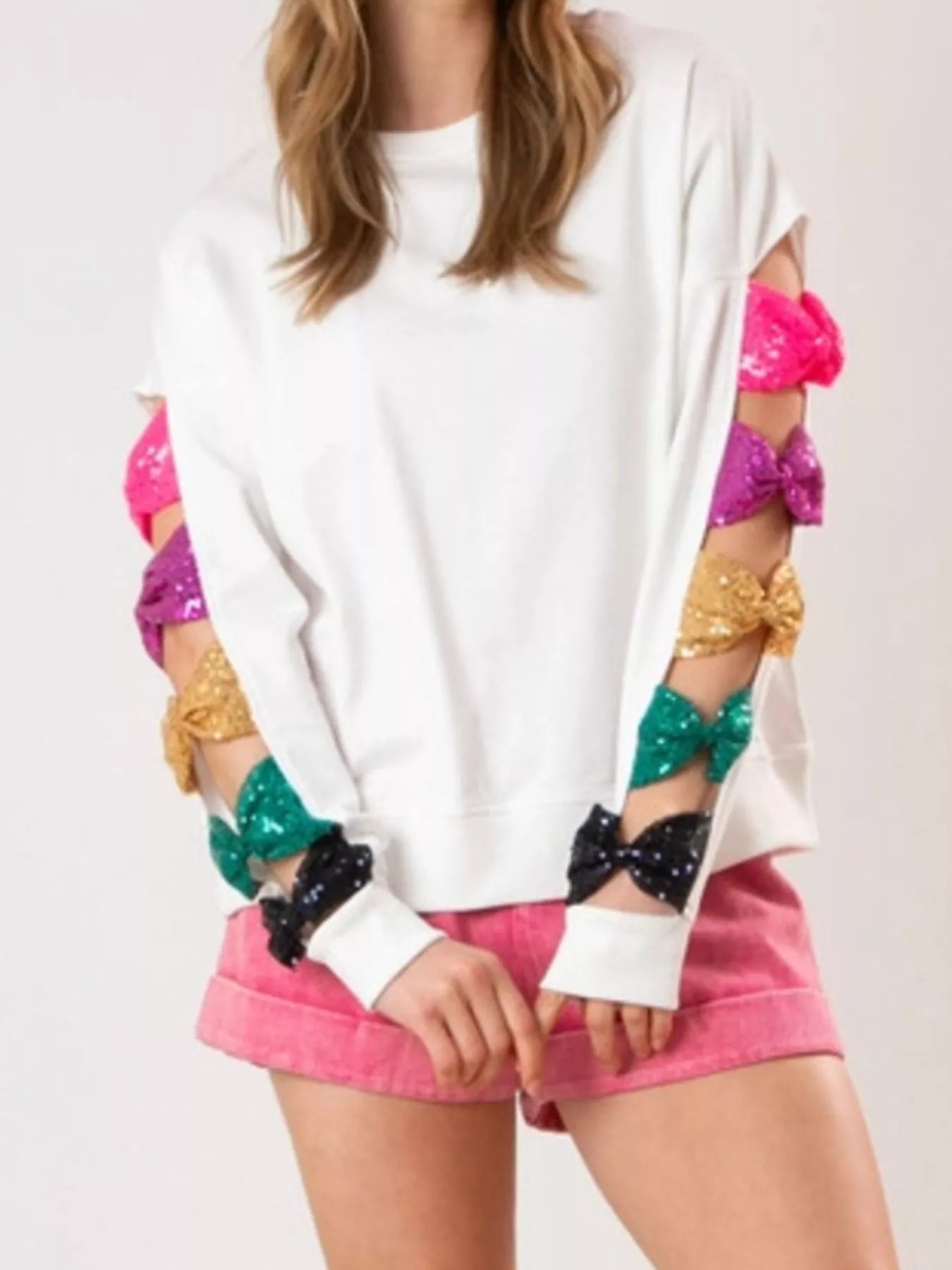 Sequin Bow Cutout Round Neck Sweatshirt OutfitFlow