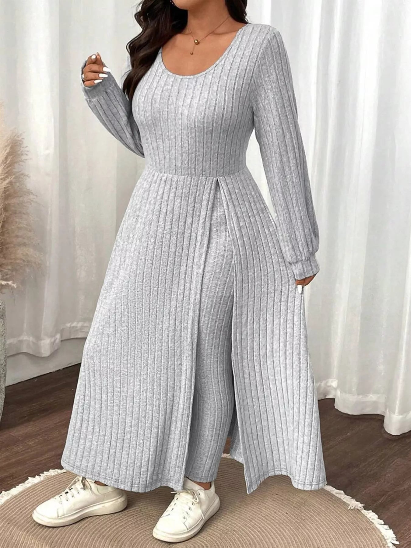 Plus Size Ribbed Knit Long Sleeve Split Dress & Leggings Set OutfitFlow