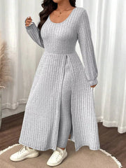 Plus Size Ribbed Knit Long Sleeve Split Dress & Leggings Set OutfitFlow