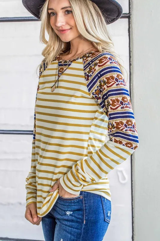 And The Why Stripe Ethnic Print Raglan Top OutfitFlow